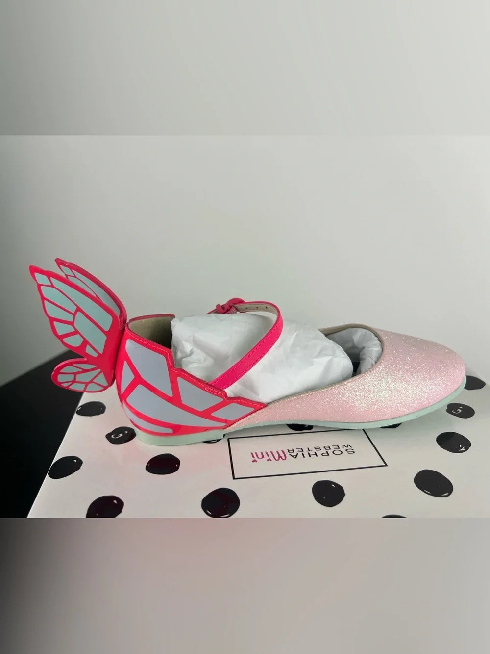 Sophie Webster Mini Chiara Pink Glitter Butterfly Mary Jane Flats, Pink, 33 EU